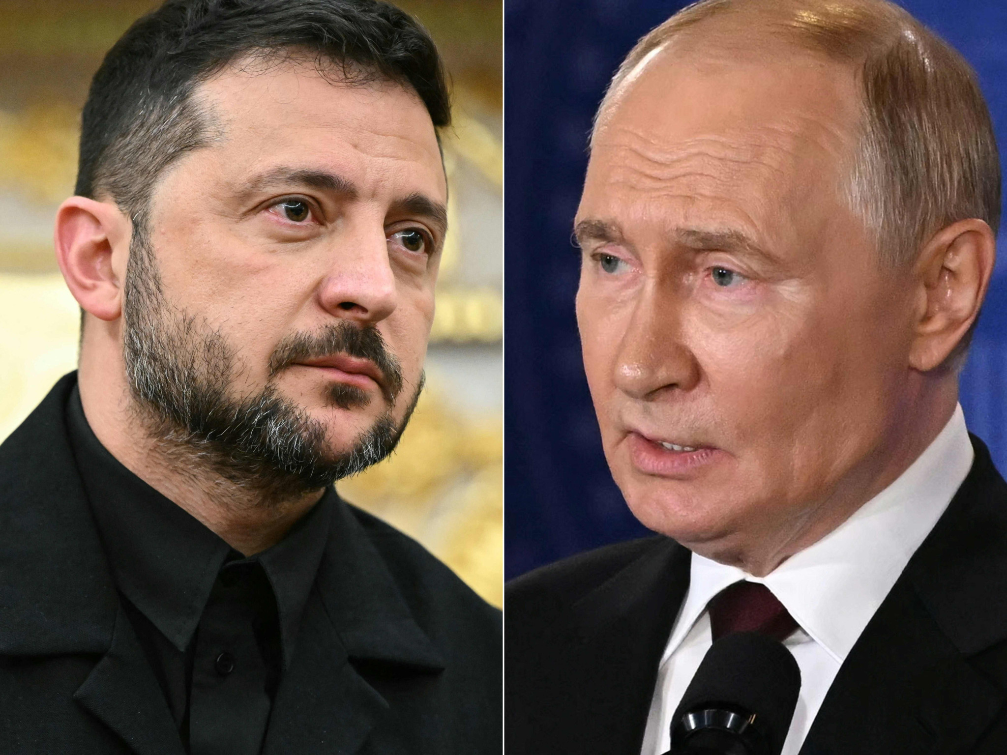 Montage de photographies montrant le président ukrainien Volodymyr Zelensky à Washington, DC, et le président russe Vladimir Poutine à Anchorage, Alaska en août 2025.
