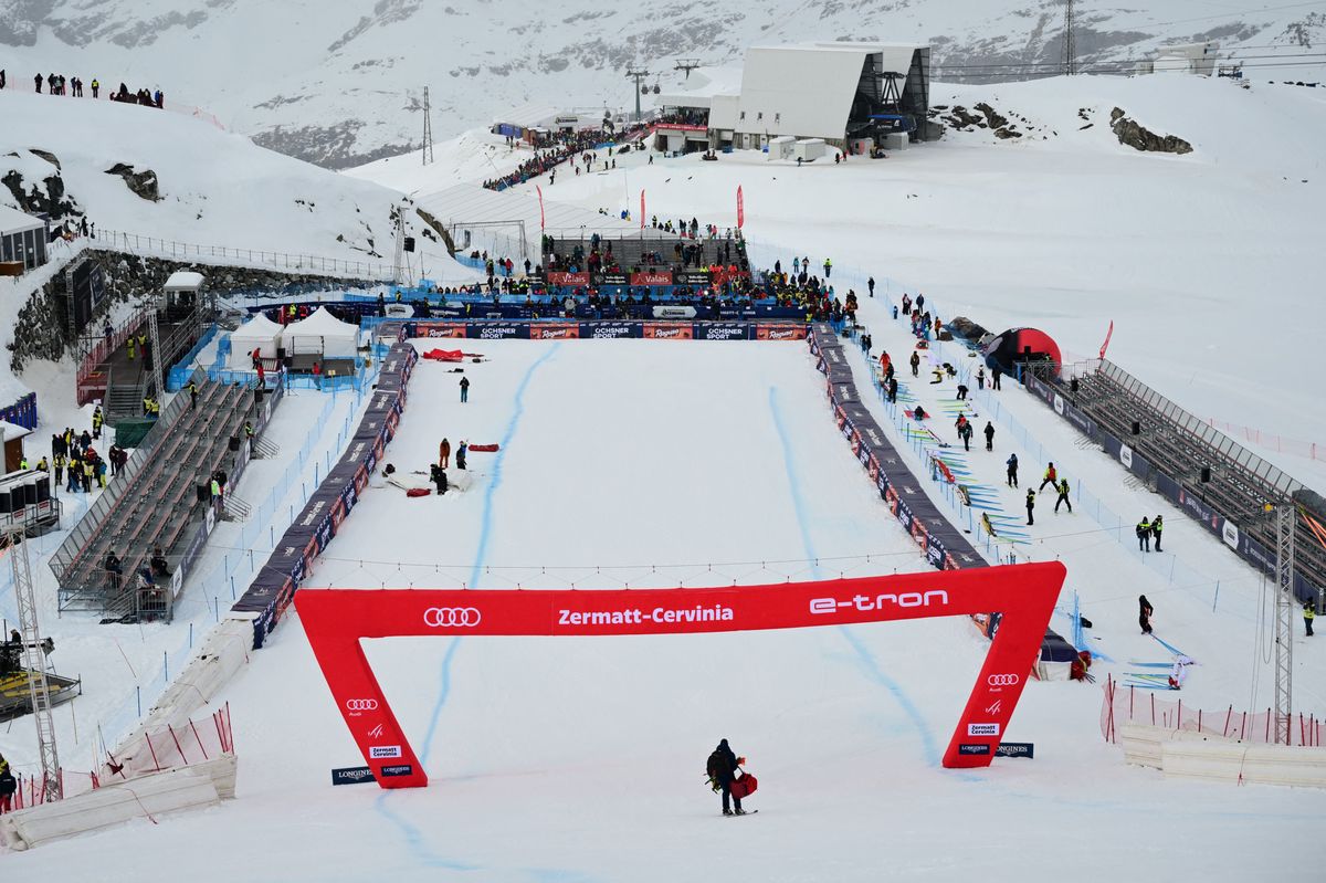 View of the finish area of the track after the women's downhill was cancelled due to bad weather at the FIS Alpine Ski World Cup in Zermatt-Cervinia, on November 19, 2023. (Photo by Marco BERTORELLO / AFP)