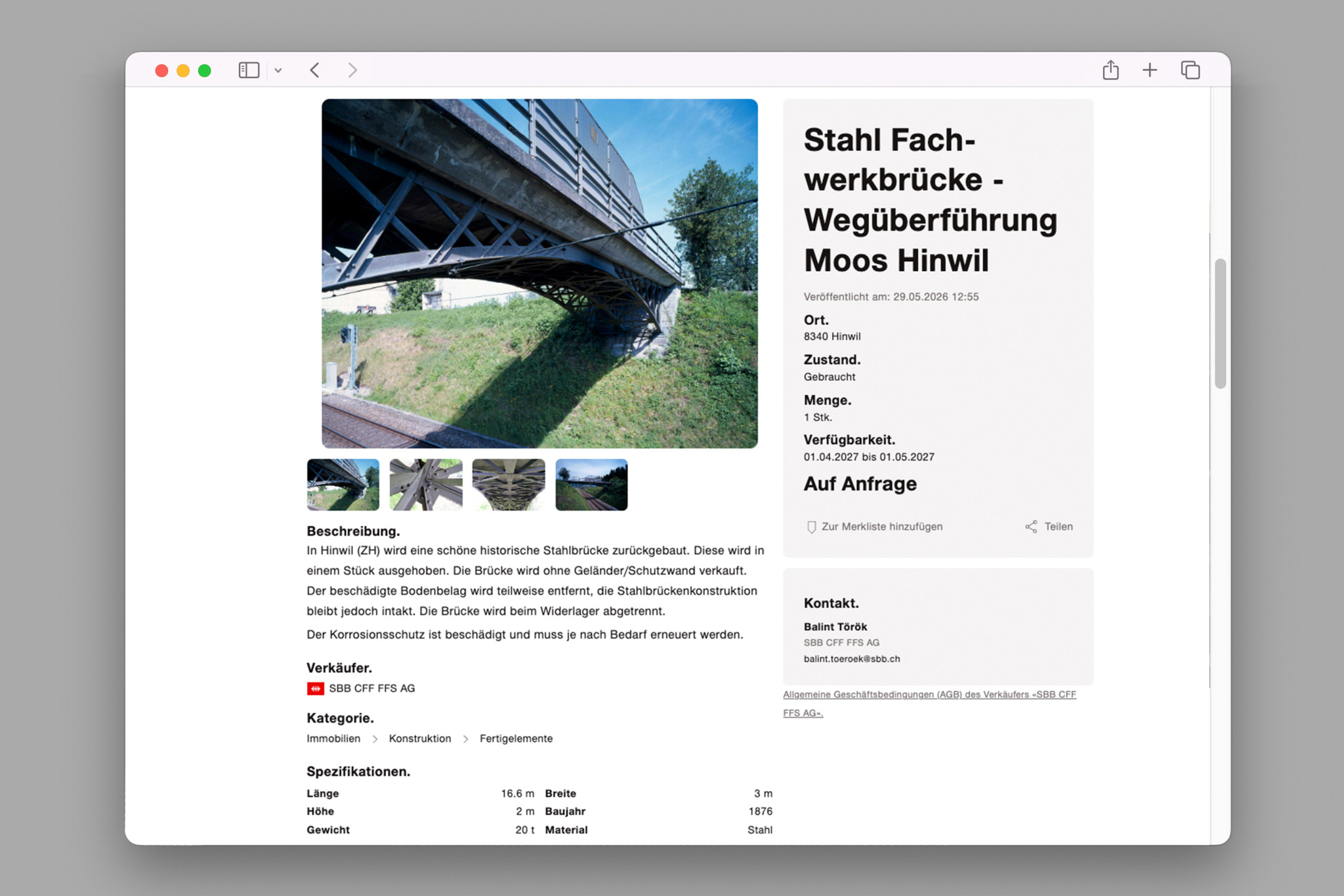 Preis auf Anfrage: SBB verkaufen historische Brücke aus dem Kanton Zürich im Internet