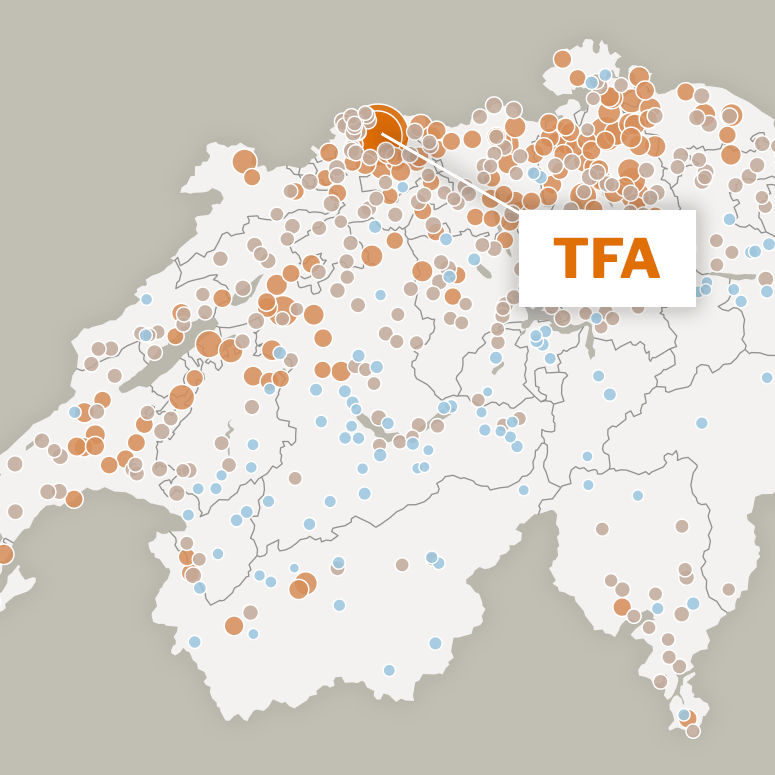 Karte der Schweiz mit farbigen Kreisen, die verschiedene Standorte markieren. Ein hervorgehobener Kreis zeigt ’TFA’ an.