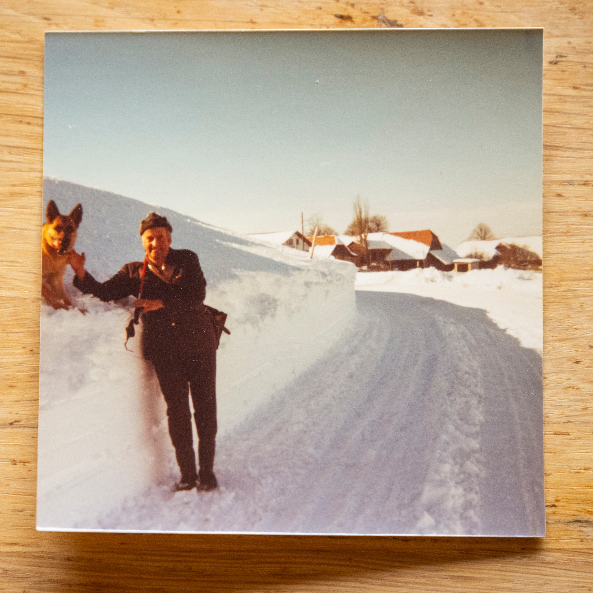 Briefträger Erich Marti in Winterlandschaft neben hoher Schneewand mit Hund, Hinterfultigen, 24.12.2025. Häuser im Hintergrund.
