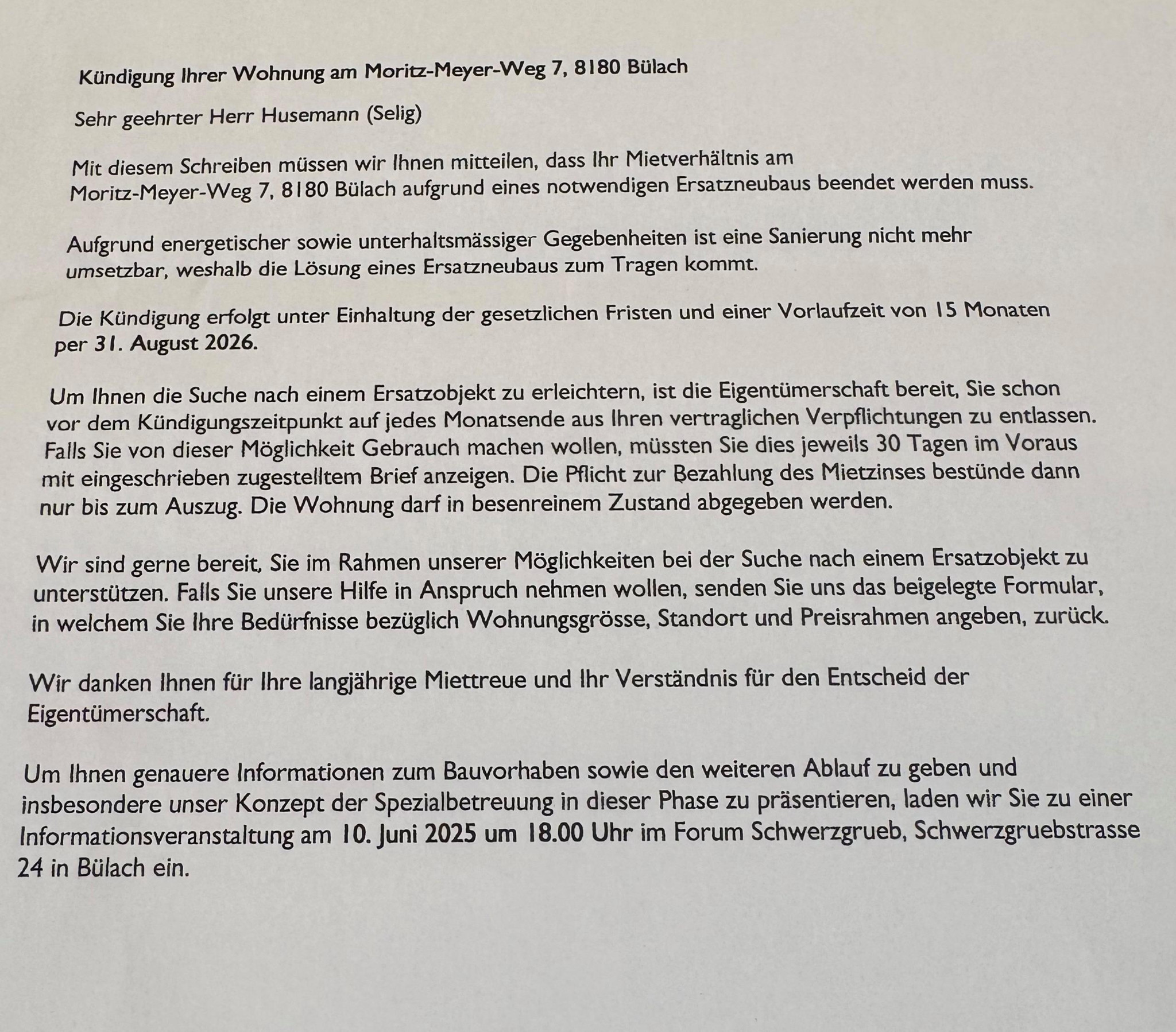 Kündigungsschreiben für eine Wohnung am Moritz-Meyer-Weg 7, Bülach, mit Informationen zur Räumung bis August 2026 aufgrund von Sanierung.