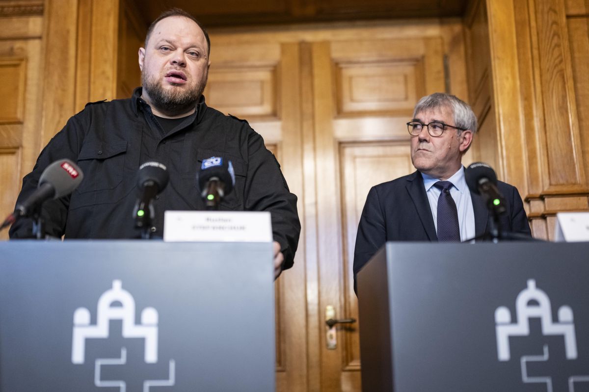 Ruslan Stefanchuk, speaker of the Ukrainian parliament, addresses the media along with Eric Nussbaumer, chairman of the National Assembly.