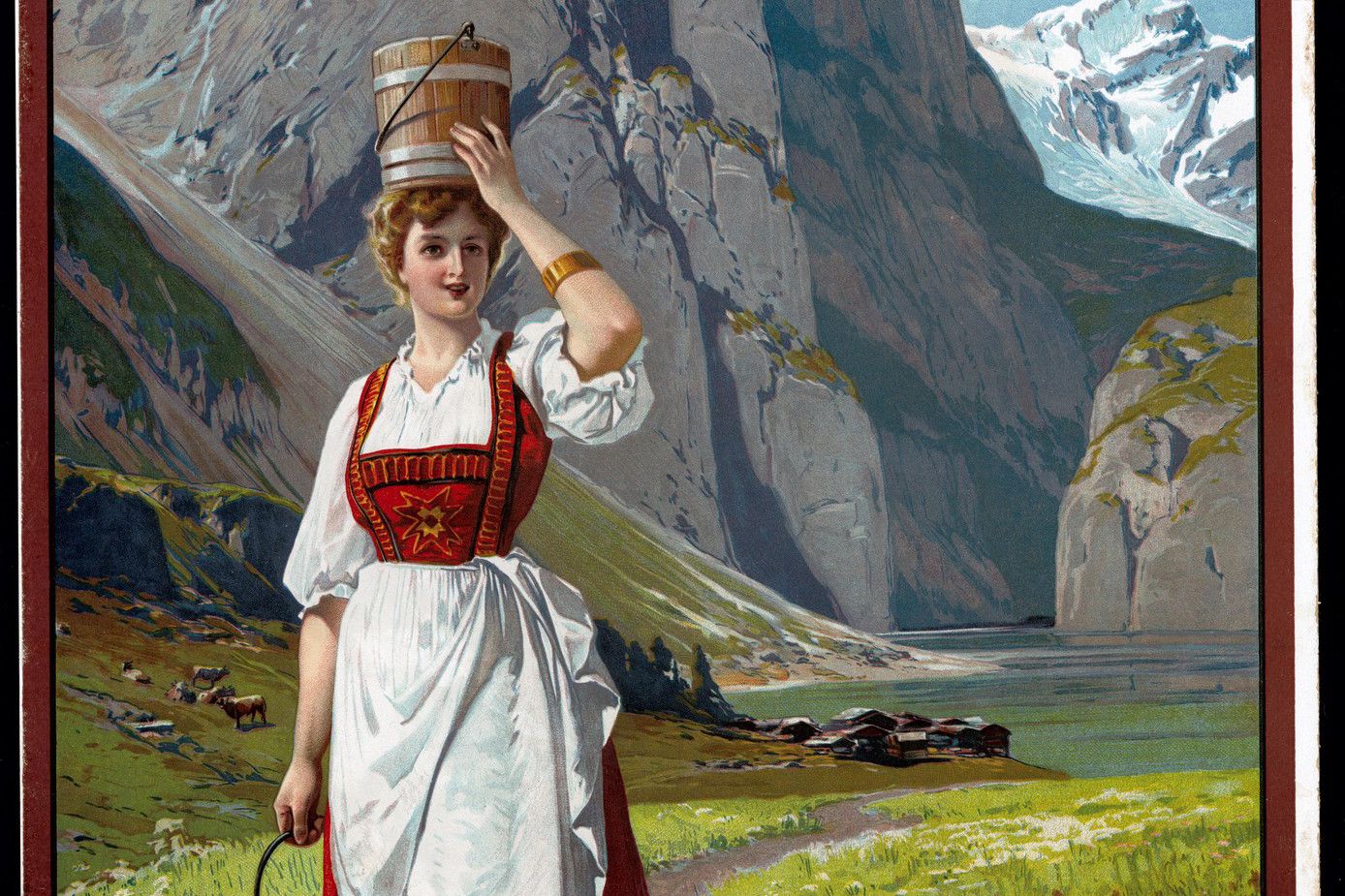 Affiche vintage représentant une jeune femme en costume traditionnel suisse portant un seau et une boîte de lait dans une vallée alpine.