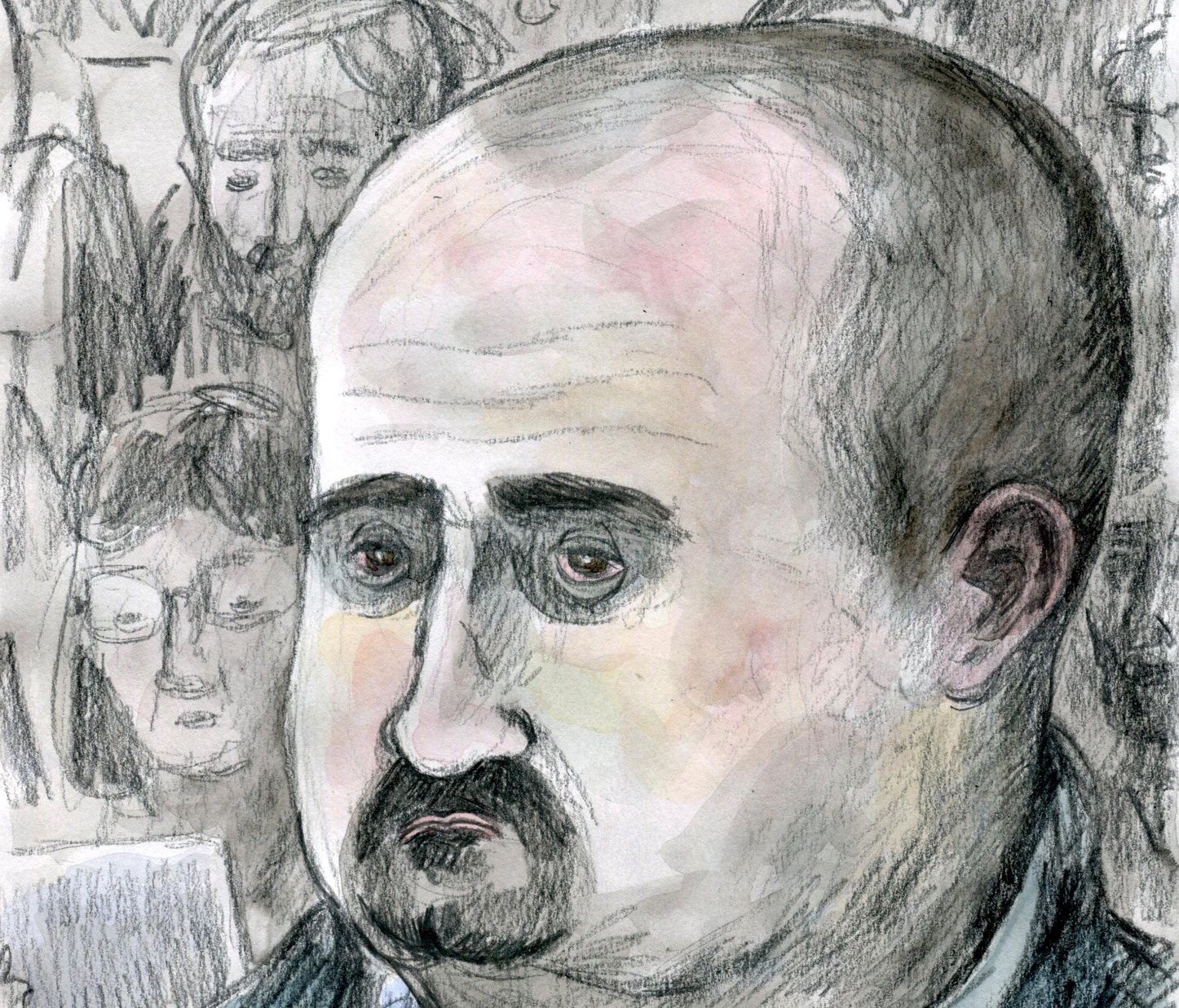 Un dessin montre l'accuse Claude D. lors de la premiere audience au Tribunal criminel cantonal d'arrondissement du Nord Vaudois et de la Broye ce lundi 7 mars 2016 a la salle d'audience cantonale de l'Ordre judiciaire vaudois a Renens. (KEYSTONE/Frederic Bott)
