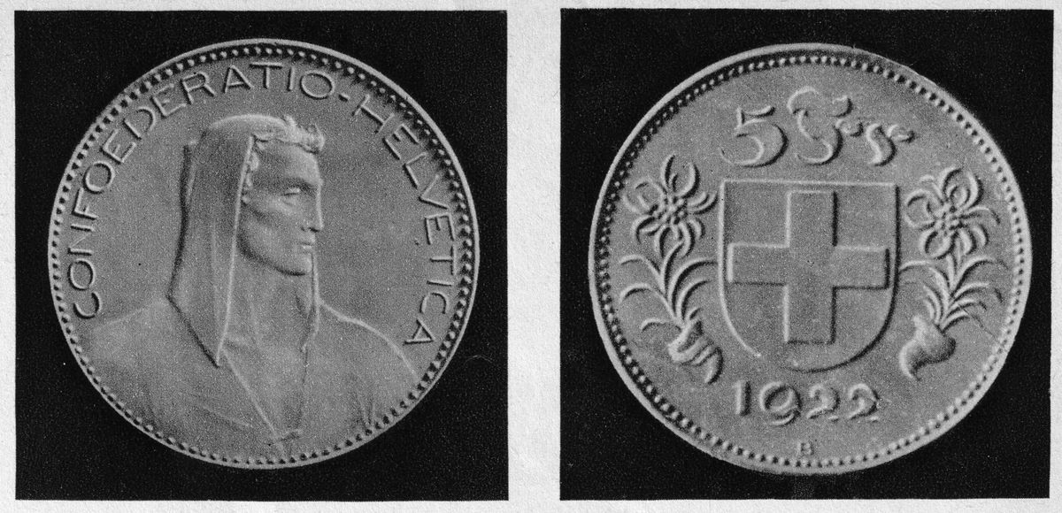Le projet soumis par Paul Burkhard au concours pour la nouvelle pièce de cinq francs. Après quelques retouches, notamment sur l’envers, il est adopté définitivement par le Conseil fédéral en juin 1922.