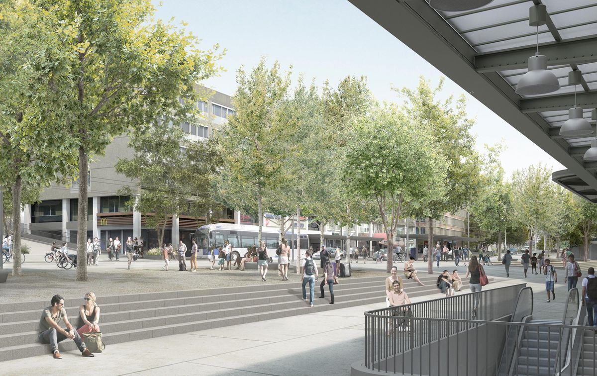 Scène animée sur une place urbaine avec des arbres, des bancs et des personnes profitant de l’espace extérieur.