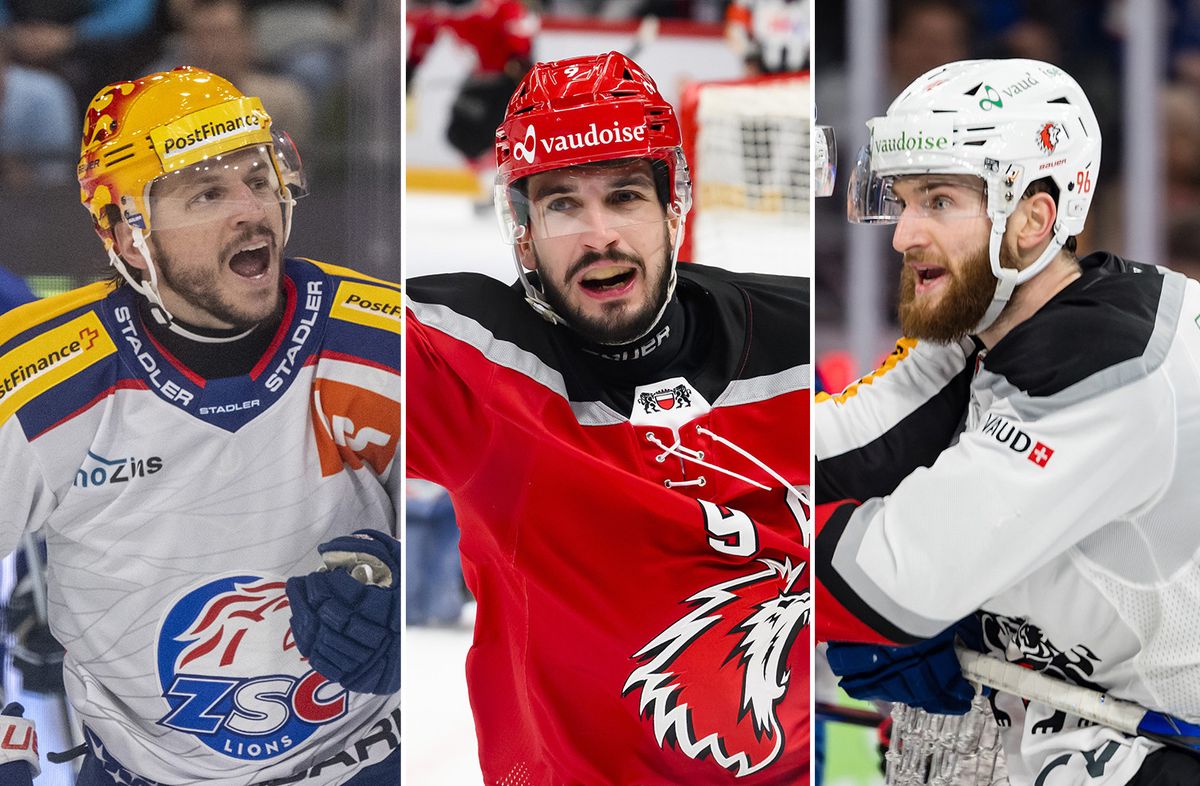 Trois joueurs de hockey sur glace en tenue de match. Chaque joueur porte l'uniforme de son équipe respective, avec des casques de différentes couleurs: jaune, rouge et blanc.