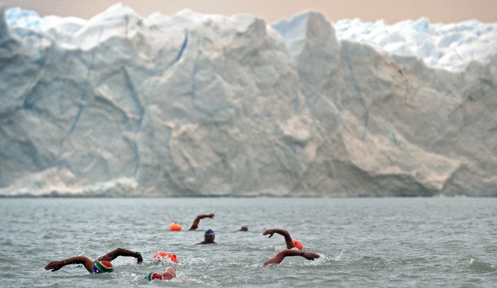 Au pied du glacier du Perito Moreno, dans le sud de l'Argentine, des sportifs de l'extrême nagent dans une eau à 2 degrés. 
