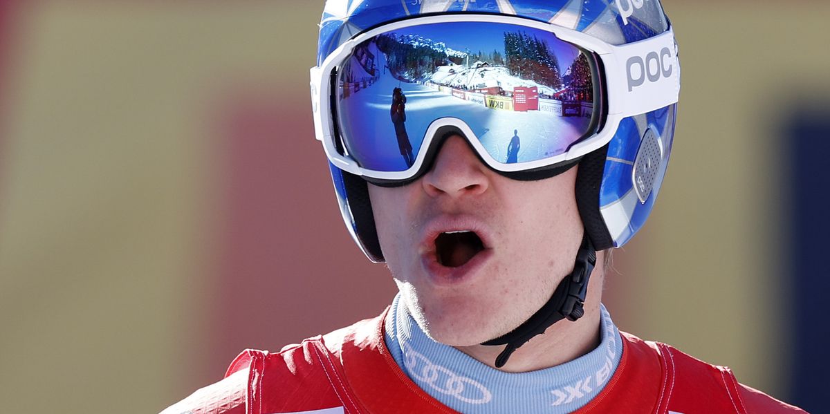 Switzerland's Marco Odermatt checks his time at the finish area during an alpine ski, men's World Cup super-G race, in Wengen, Switzerland, Friday, Jan. 12, 2024. (AP Photo/Alessandro Trovati)