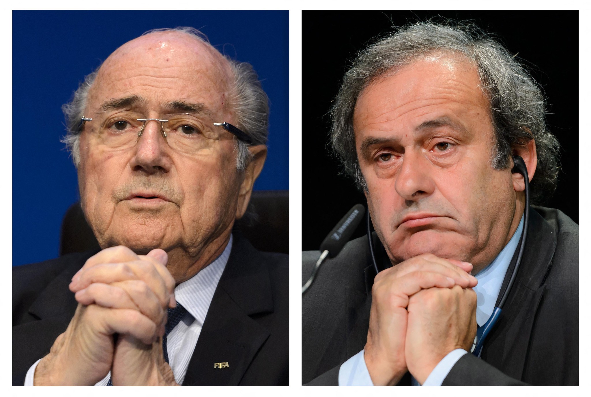 Montage de Sepp Blatter et Michel Platini en 2015, tous deux en costume sombre, assis avec les mains jointes, reflétant des expressions sérieuses lors de conférences à Zurich.