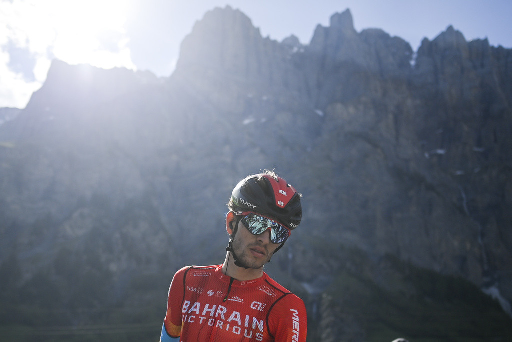 Gino Maeder from Switzerland of Bahrain Victorious after the fifth stage, a 172 km race from Gstaad to Leukerbad, at the 84th Tour de Suisse UCI ProTour cycling race, on Thursday, June 10, 2021. (KEYSTONE/Gian Ehrenzeller)