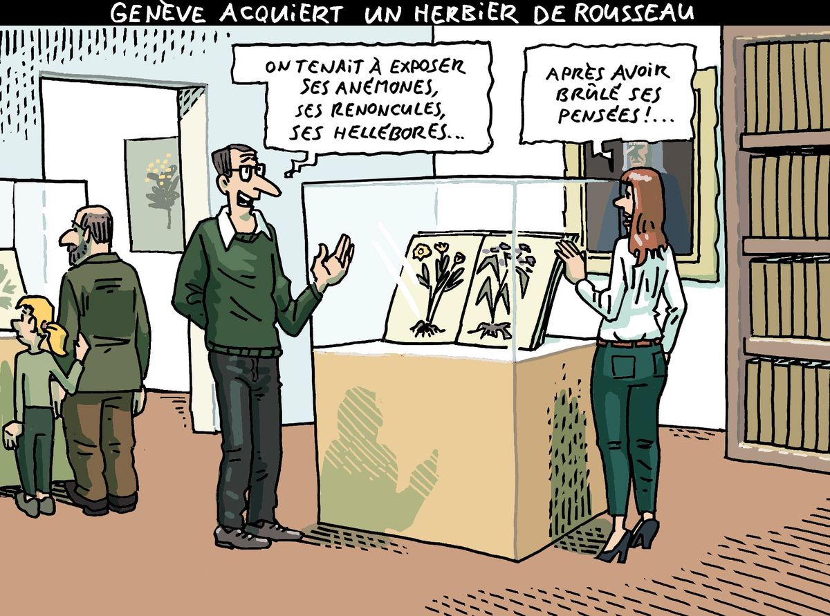 Un couple discute devant une exposition d’herbiers à Genève. L’homme mentionne l’exposition d’anémones, de renoncules et d’hellébores, tandis que la femme note qu’il a brûlé ses pensées.