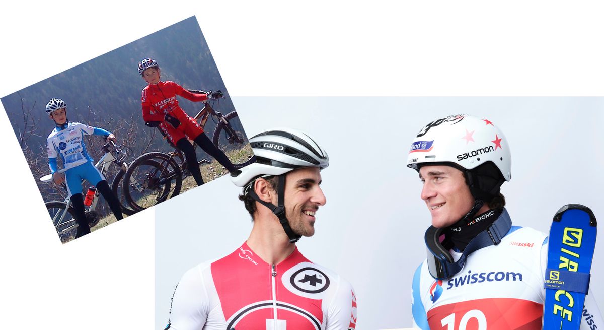 Martigny, le 5 novembre 2020. Systeme D et debrouille des jeunes sportifs face au Covid. Le cycliste Antoine Debons (g) et le skieur Arnaud Boisset (d) posent avec le coffret cadeau en bois quÕils vendent ensemble pour combler le manque de soutiens financiers.    Photo Yvain Genevay / Le Matin Dimanche