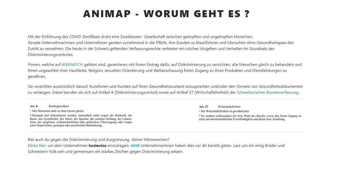 Hunderte Betriebe aus zahlreichen Branchen haben sich auf einer Website zusammengetan und versprechen, dass sie niemanden diskriminieren werden – mit Verweis auf die Bundesverfassung. Hunderte Betriebe aus zahlreichen Branchen haben sich auf einer Website zusammengetan und versprechen, dass sie niemanden diskriminieren werden – mit Verweis auf die Bundesverfassung.