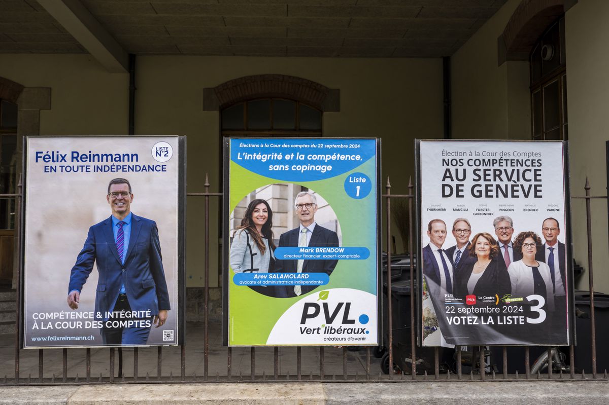 Affiches de campagne des candidats à l'élection de trois magistrats et trois suppléants à la Cour des Comptes à Genève, photographiées le 18 septembre 2024.