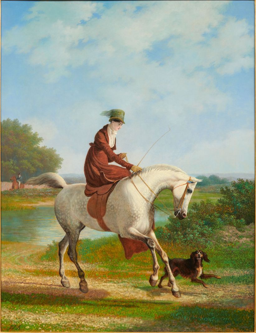 Jacques-Laurent Agasse (1767-1849), «Sortie à cheval, possiblement Mademoiselle Cazenove», huile sur toile.