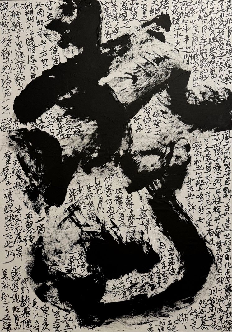 Calligraphie artistique en noir sur fond de texte chinois imprimé.