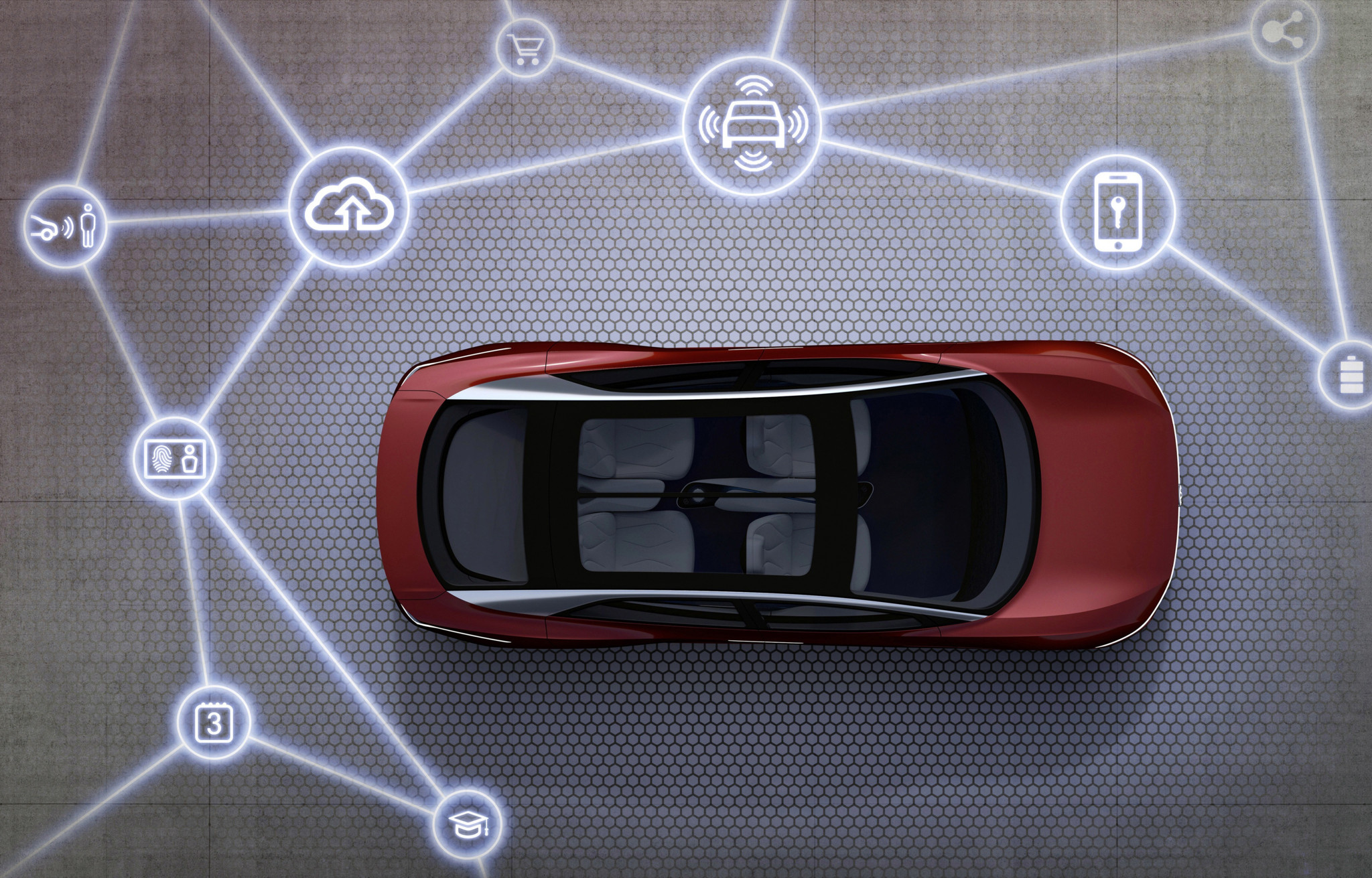 Rotes Auto von oben mit vernetzten digitalen Symbolen, die Software-Funktionen im modernen Fahrzeug darstellen.