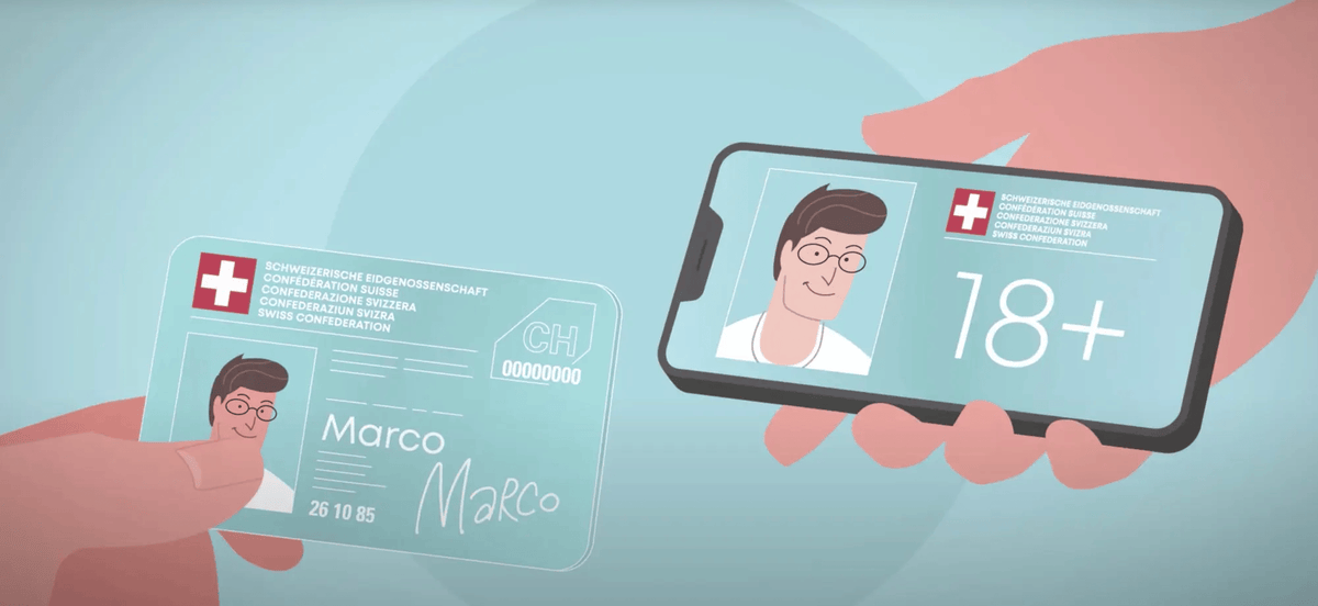Une main tient une carte d'identité suisse et une autre main tient un smartphone affichant une carte d'identité numérique avec une vérification de l'âge.