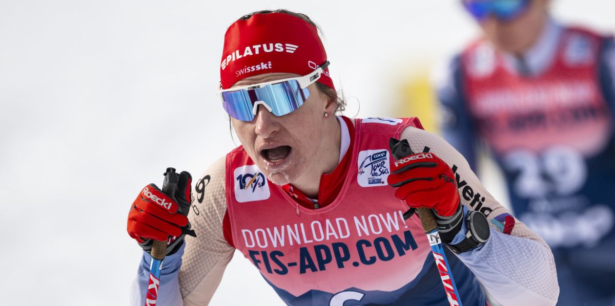 Nadine Faehndrich of Switzerland reacts after crossing the finish line during the women's 20km classic pursuit race of the fifth stage of the Tour de Ski, in Davos, Switzerland, on Thursday, January 4, 2024. (KEYSTONE/Gian Ehrenzeller)