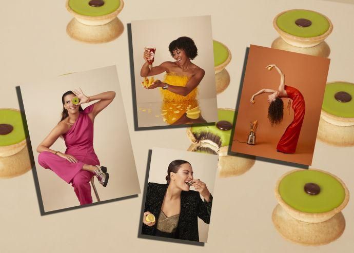 Photos artistiques de quatre femmes posant de manière créative entourées de biscuits avec glaçage vert.