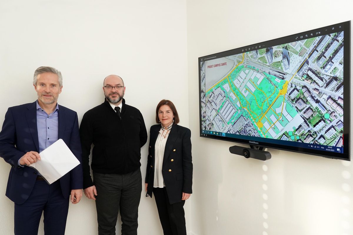 Meyrin, le 2 février 2023 - De gauche à droite, Rodolphe Eurin, directeur général de l’Hôpital de la Tour SA, Pierre Guth, directeur de Ergon SA, chargé de porter le projet immobilier et Jenny Paizi, présidente de l’Hôpital de la Tour SA.