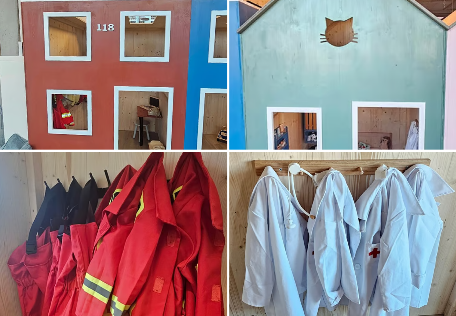 Salle de jeux pour enfants avec costumes de pompier et de médecin. Murs peints avec des motifs typiques, dont le numéro 118 pour les services d'urgence et une forme de chat ludique.