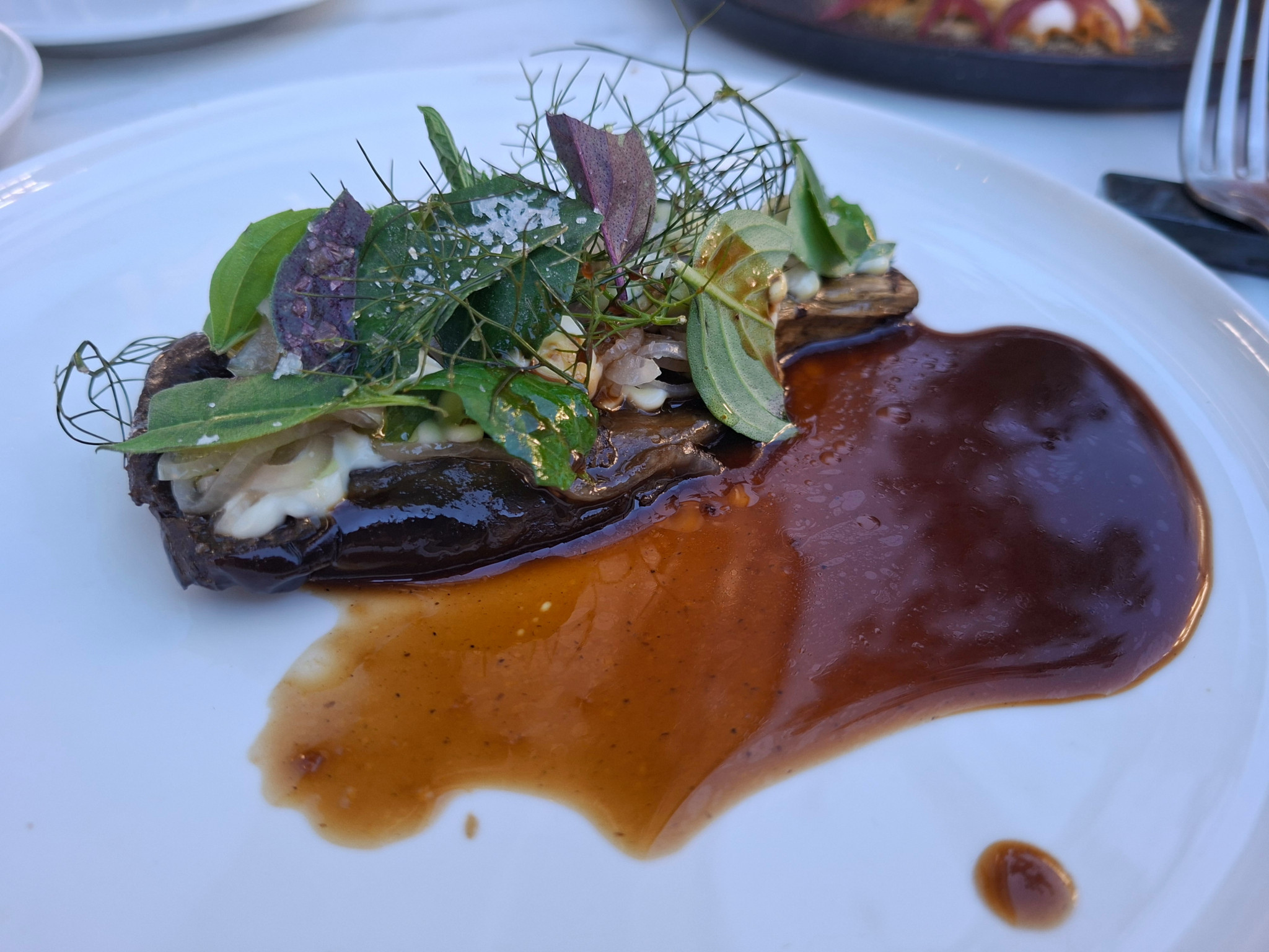 Elegant angerichtetes Restaurantgericht: gebratene Aubergine mit Kräutern, Käsefüllung und glänzender brauner Sauce auf weissem Teller.
