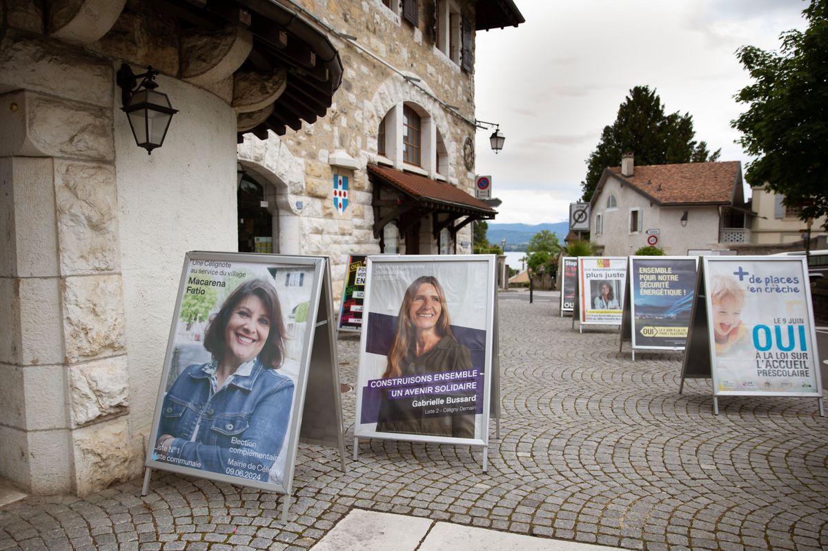Céligny village le 30.05.2024, Des affiches des deux candidates à l'élection complémentaire d'une adjointe à la Mairie ont fleuri dans le village. Les deux candidates, Macarena Fatio et Gabrielle Bussard © Georges Cabrera