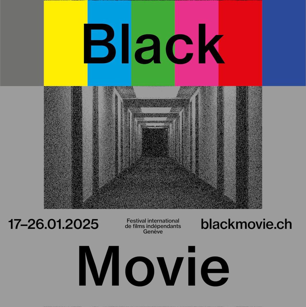 Affiche colorée du Festival international de films indépendants de Genève 2025, avec dates du 17 au 26 janvier et site blackmovie.ch.