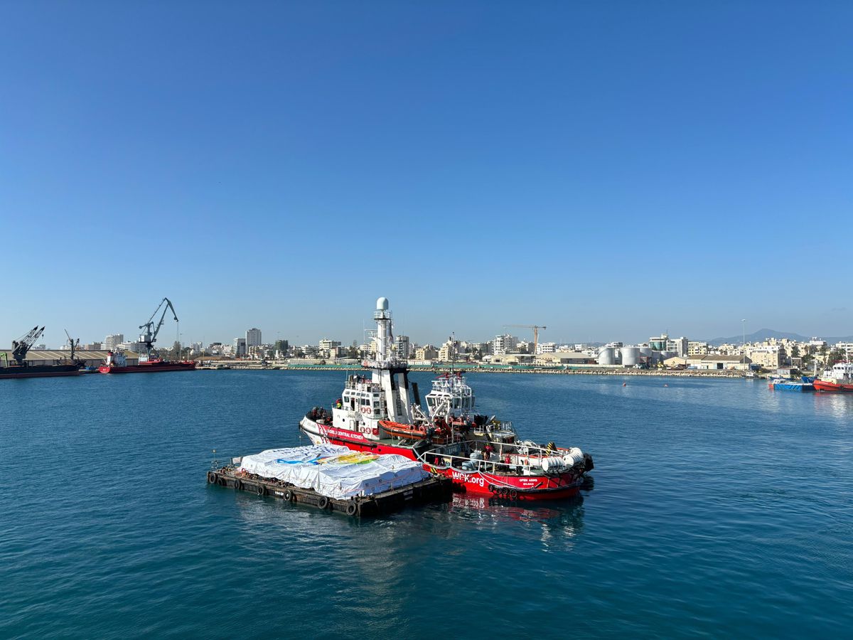 epa11217039 A handout photo made available by World Central Kitchen (WCK) shows the Open Arms NGO rescue vessel (C) being towed at open sea dragging a barge (front) loaded with food aid provided by WCK, as it leaves port headed for the Gaza Strip, in Larnaca, Cyprus, 12 March 2024. According to a statement by Open Arms, the NGO and World Central Kitchen (WCK) have overseen the departure of their first Gaza bound food aid boat on 12 March from Larnaca, Cyprus. The aid consists of about 200 tons of food (flour, rice and canned food), it will aim to "alleviate the humanitarian emergency situation experienced by the civilian population in Gaza". This would be the first trip of the Humanitarian aid maritime corridor towards Gaza set up by the two organizations in collaboration with the government of Cyprus.  EPA/WCK HANDOUT   HANDOUT EDITORIAL USE ONLY/NO SALES HANDOUT EDITORIAL USE ONLY/NO SALES