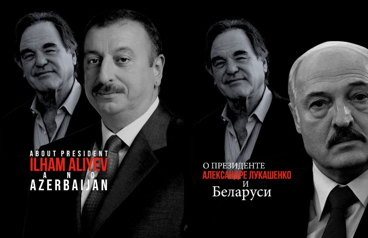 L’équipe du célèbre réalisateur Oliver Stone avait déjà présenté une affiche de film prête pour des documentaires sur les présidents d’Azerbaïdjan (à gauche) et de Biélorussie (à droite). Les films n’ont finalement pas vu le jour. 