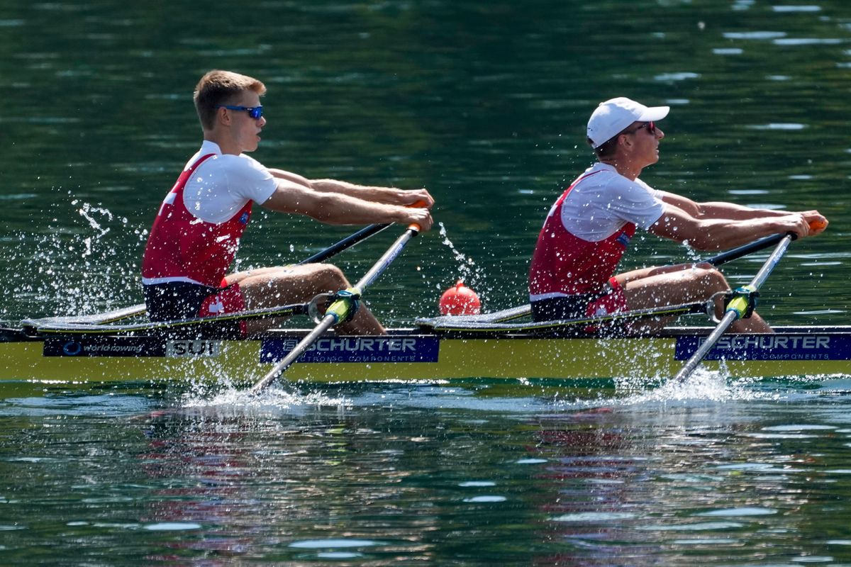 Jan Schaeuble and Raphael Ahumada Ireland of Switzerland race in the Lightweight Men's Double Sculls at the World Rowing Championships in Belgrade, Serbia, Sunday, Sept. 3, 2023. (AP Photo/Darko Vojinovic)