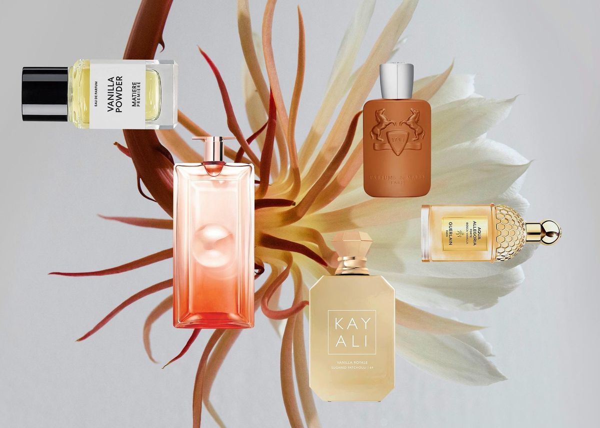 Collection de bouteilles de parfum affichées devant une grande fleur tropicale exotique en arrière-plan.