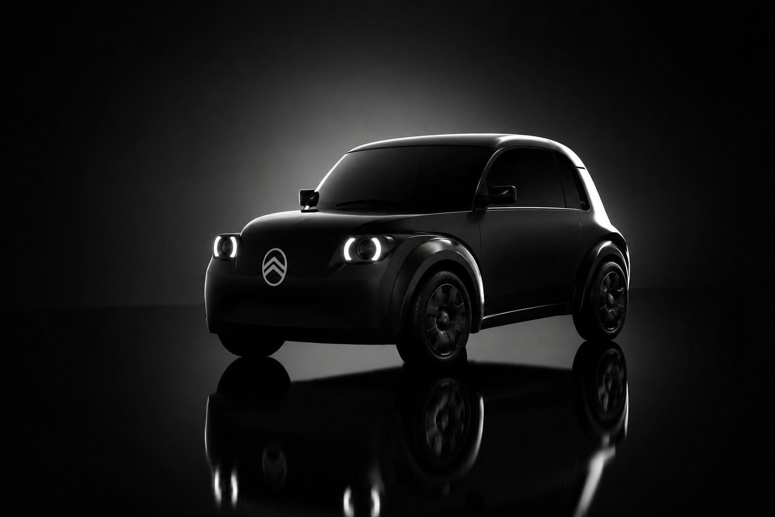 Neuer Citroën 2CV als Elektroauto-Konzept: Kleines, schwarzes Stadtauto mit runden Scheinwerfern vor dunklem Hintergrund