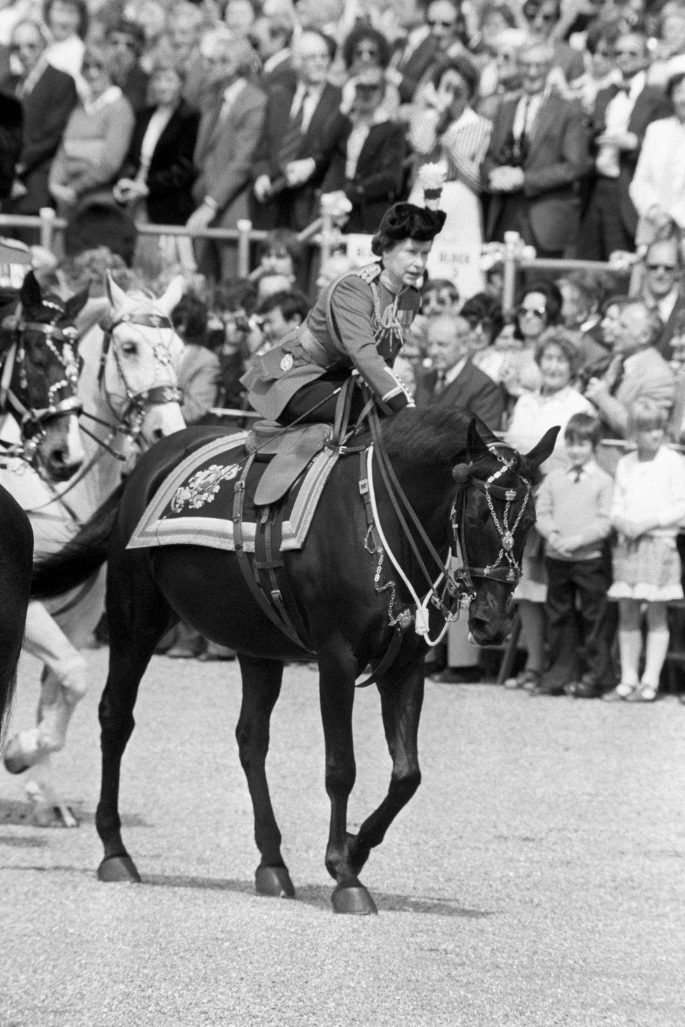 Auf diesem Foto beruhigte Queen Elizabeth ihr Pferd, nachdem mehrere Platzpatronen auf sie abgefeuert worden waren.