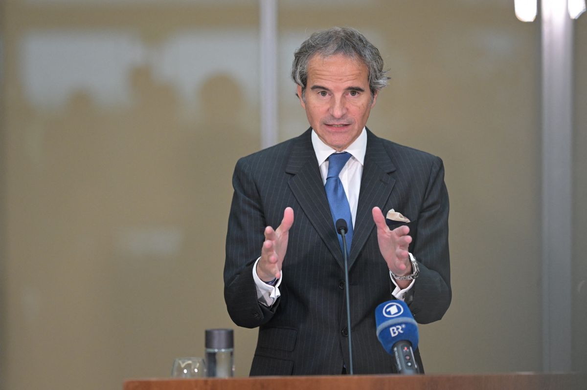 Director General of the International Atomic Energy Agency (IAEA) Rafael Grossi speaks to the media at his return from his official visit to the Islamic Republic of Iran, on May 7, 2024, at the Vienna airport in Vienna, Austria. (Photo by Joe Klamar / AFP)