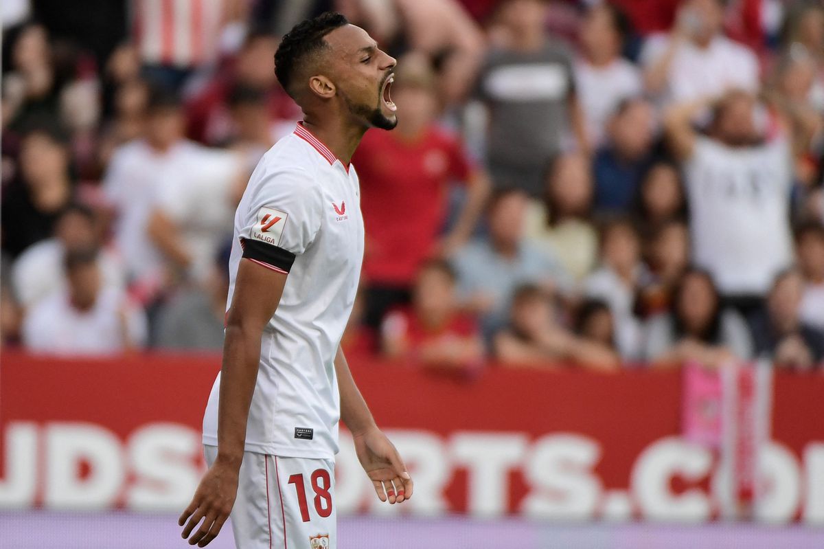 Sevilla's Swiss midfielder #18 Djibril Sow reacts during the Spanish league football match between Sevilla FC and Real Madrid CF at the Ramon Sanchez Pizjuan stadium in Seville on October 21, 2023. (Photo by CRISTINA QUICLER / AFP)