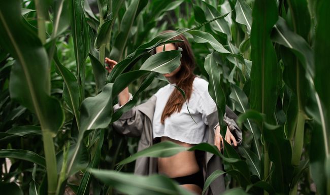 Frau in Unterwäsche in einem Maisfeld