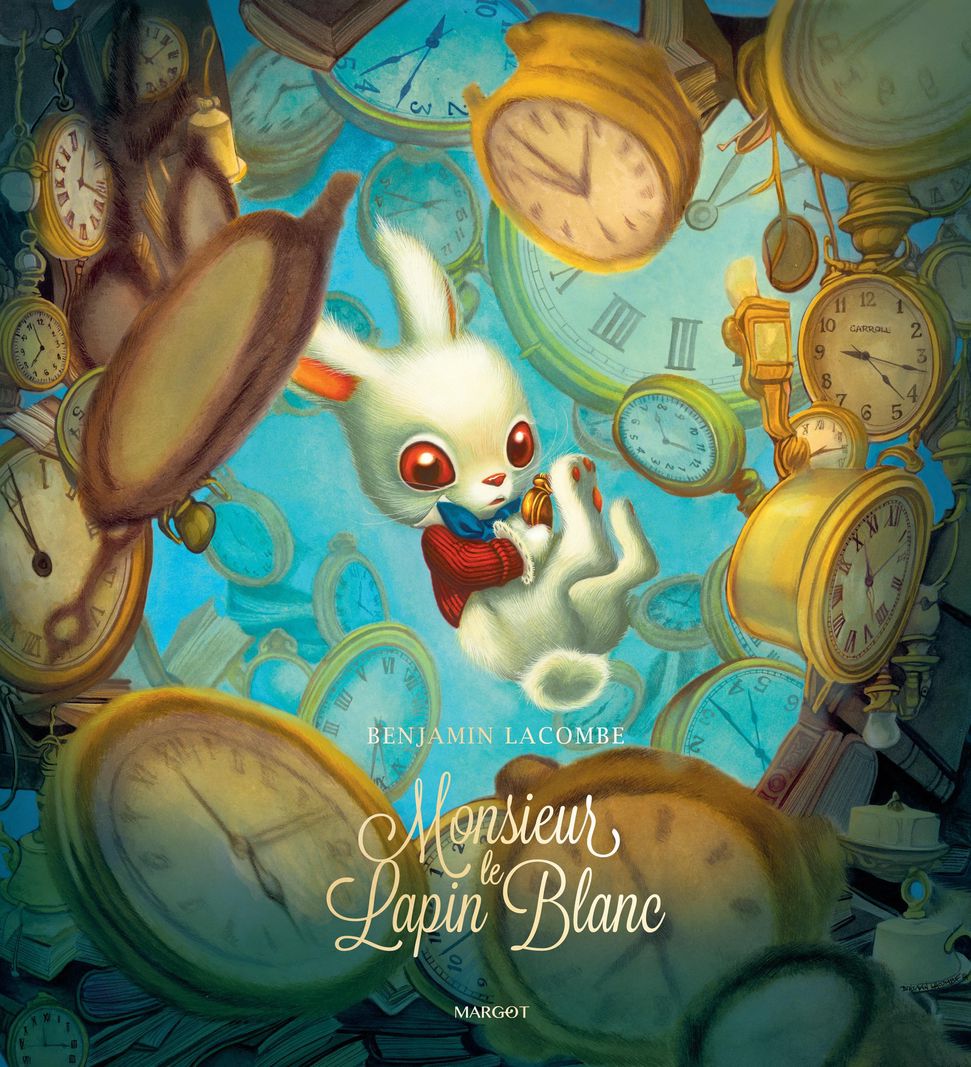 Illustration de couverture de ’Monsieur le Lapin Blanc’ avec un lapin blanc vêtu d’un gilet rouge au centre, entouré de nombreuses horloges flottantes.