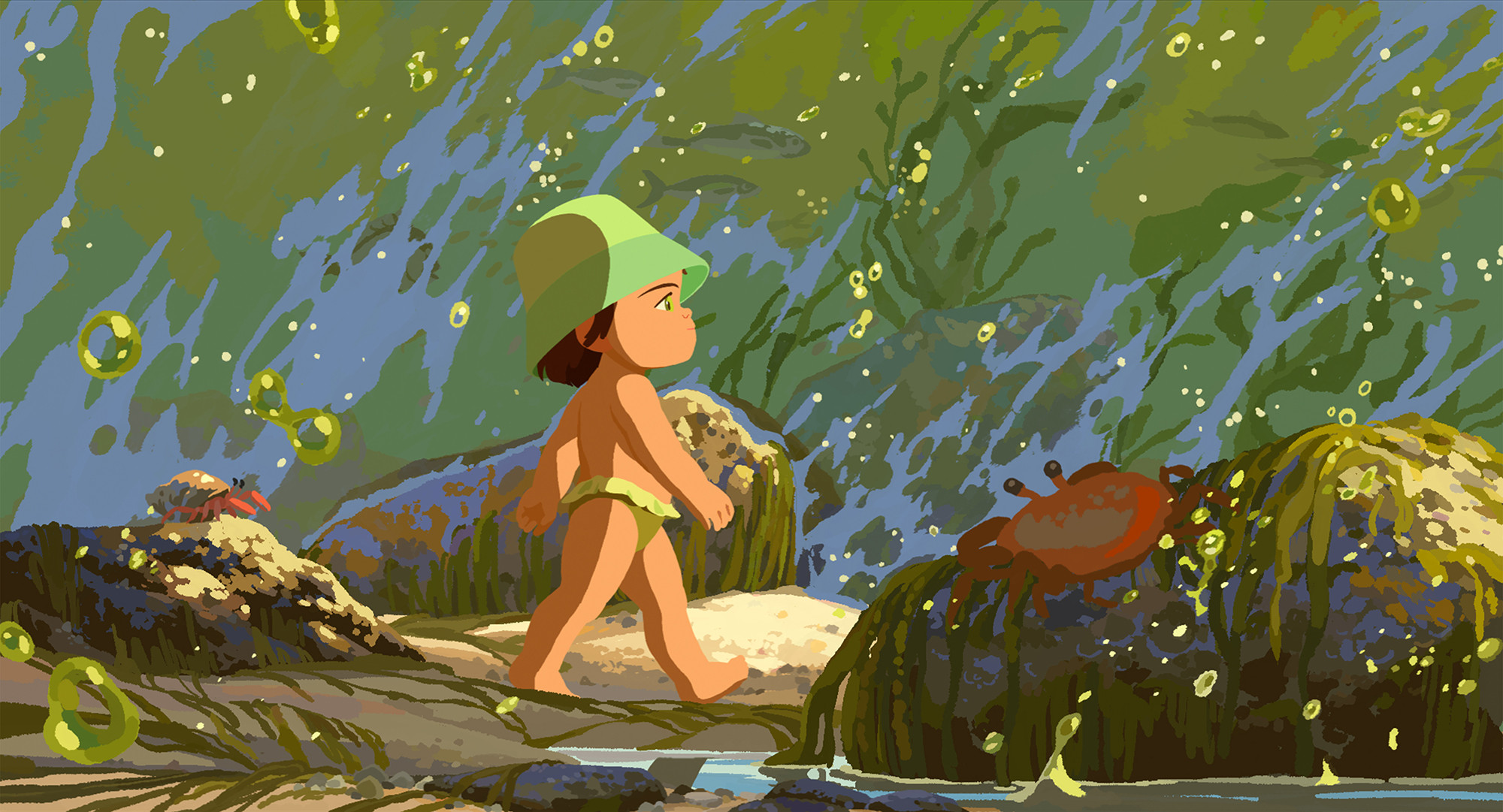 A child with a green hat walks on rocks, surrounded by green foam and bubbles, with a crab nearby. A child with a green hat walks on rocks. surrounded by green foam and bubbles, with a crab nearby. cinema outings: "13 days, 13
