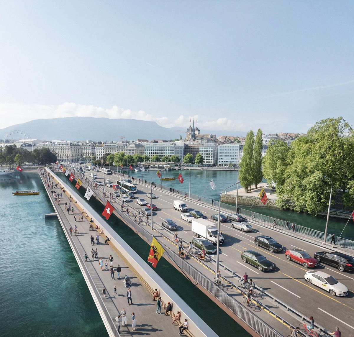 Vue aérienne de la Passerelle du Mont-Blanc à Genève, projet de l'architecte Pierre-Alain Dupraz, avec la ville et les montagnes en arrière-plan.