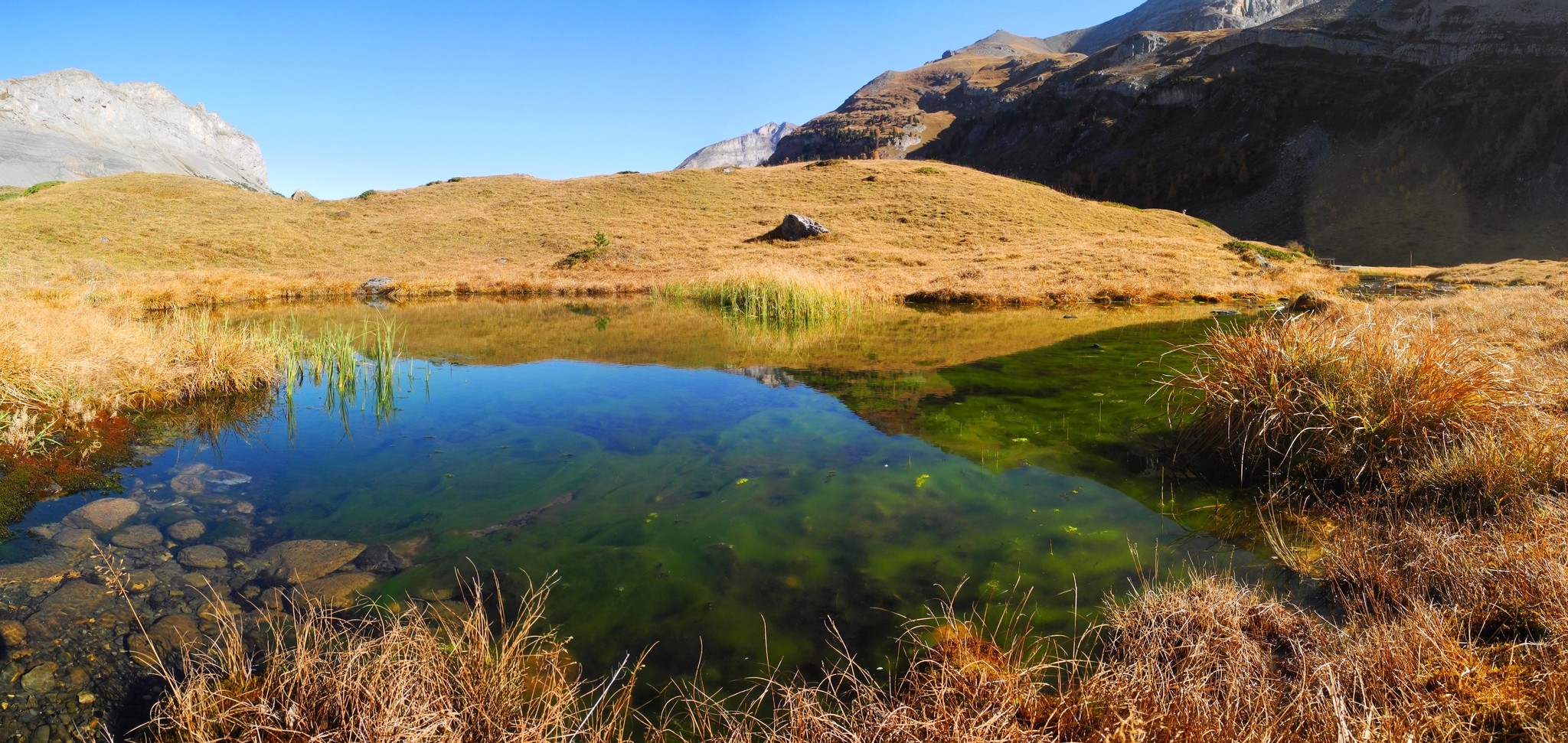 Herbstlandschaft beim Sunnbüel hinter Kandersteg, mit einem kleinen See, umgeben von braunen Gräsern und Bergen im Hintergrund.