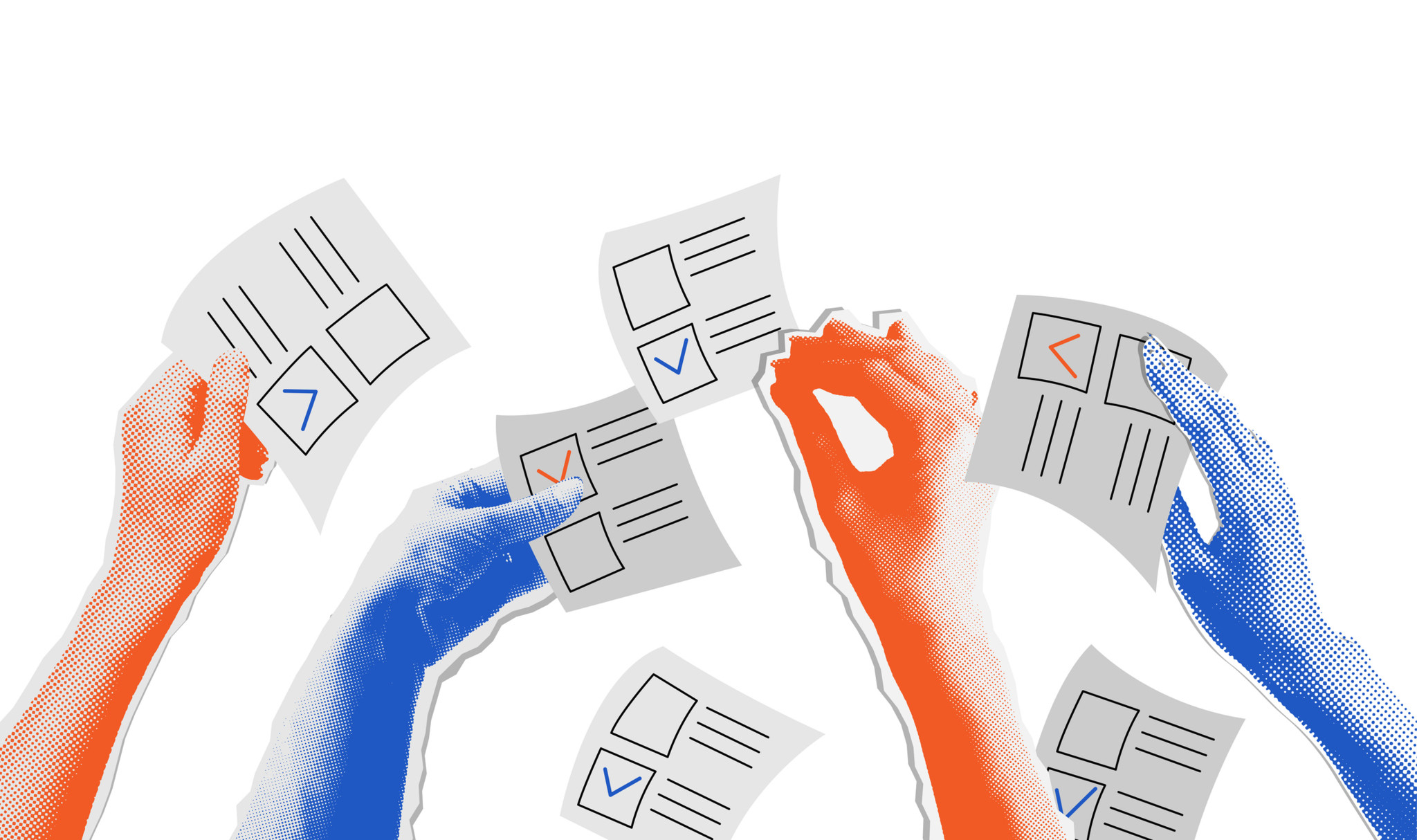 Rot und blau gezeichnete Hände halten Stimmzettel hoch – Illustration zum Wahl- und Abstimmungsprozess im Retro-Collage-Stil.