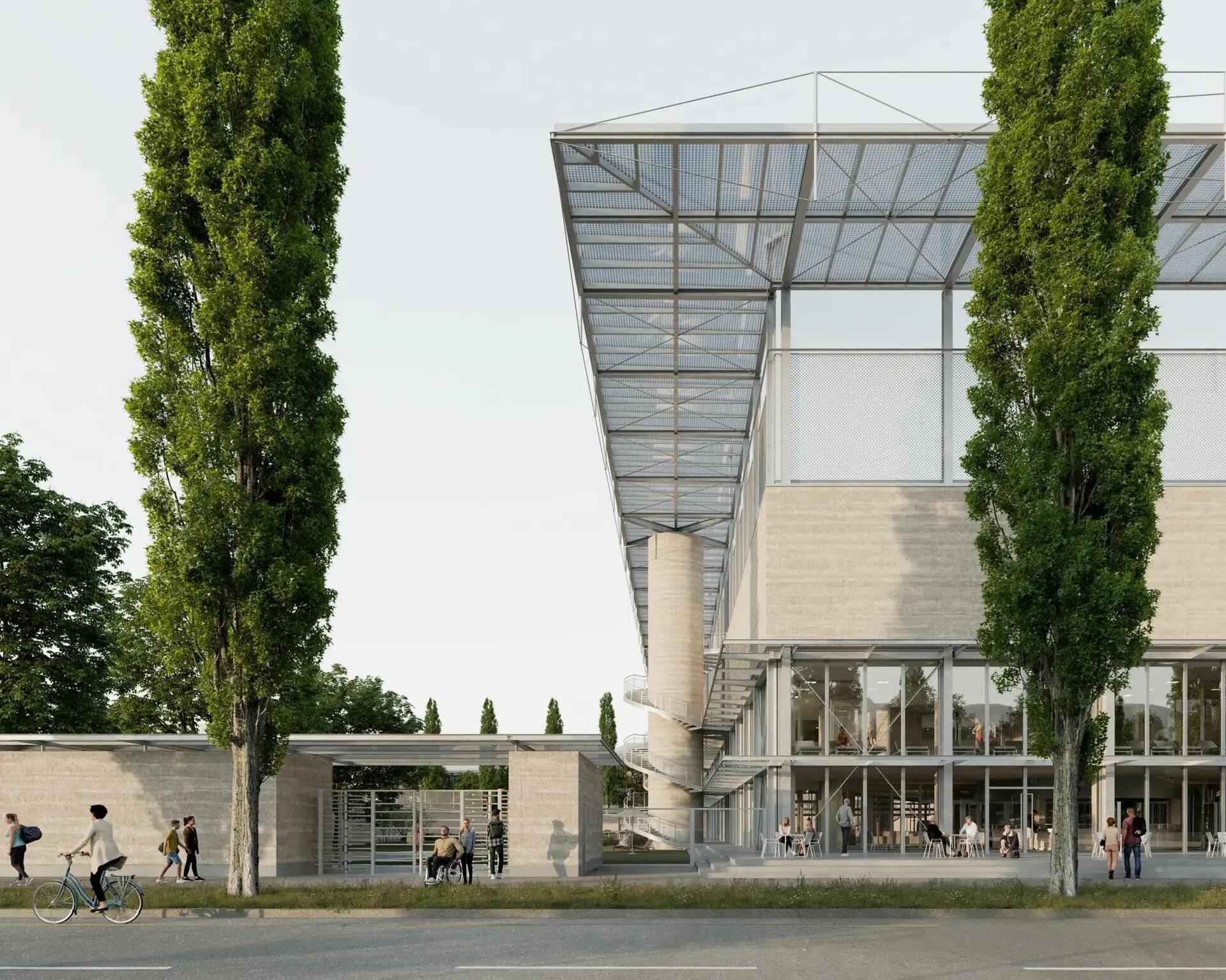 Modernes Gebäude mit Glas- und Betonfassade, von Bäumen umgeben, mit Menschen, die Rad fahren und spazieren gehen.