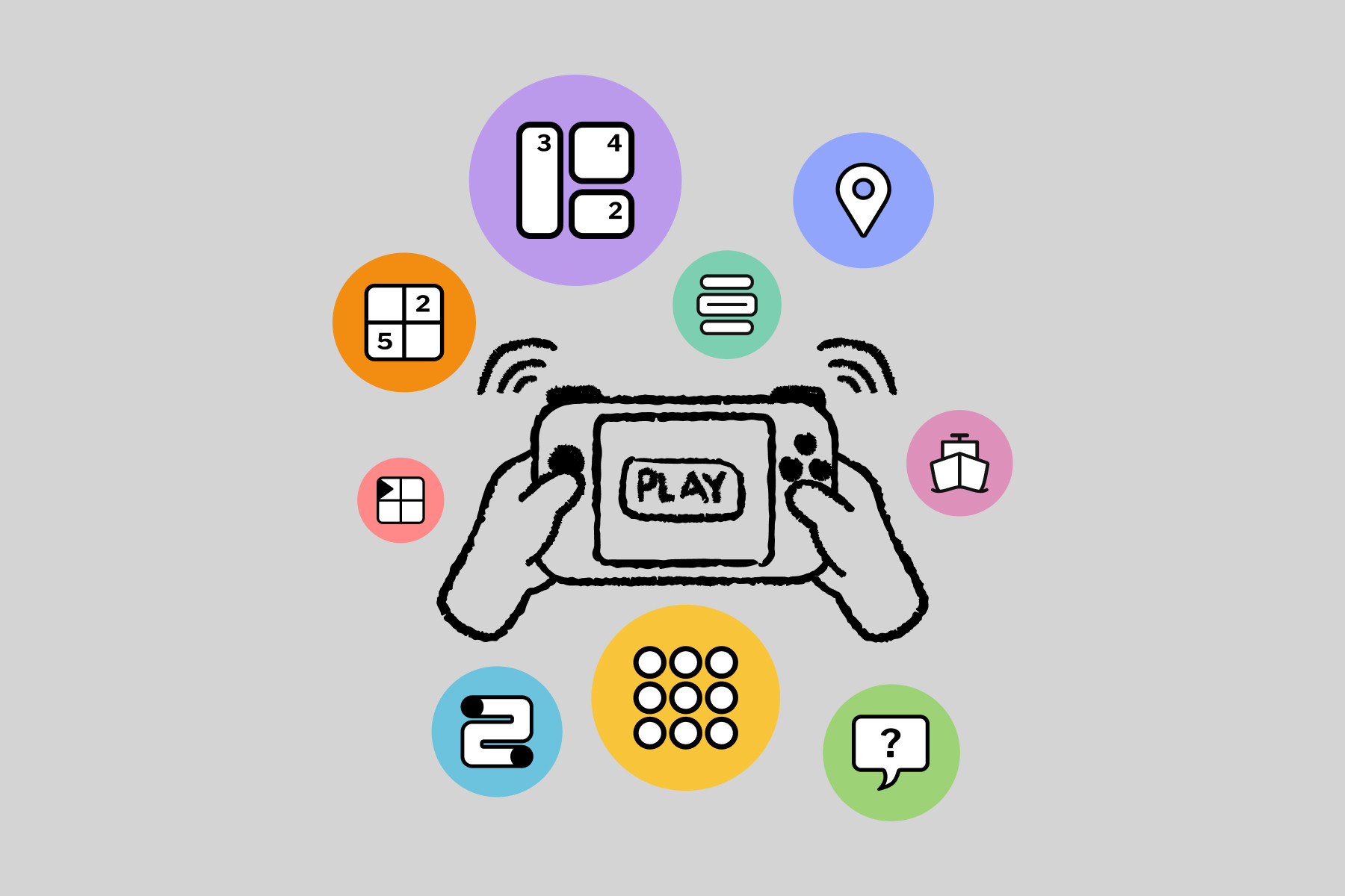 Illustration von Händen, die eine Spielkonsole mit der Aufschrift «Play» halten, umgeben von bunten Icons mit Rätseln und Spielsymbolen.