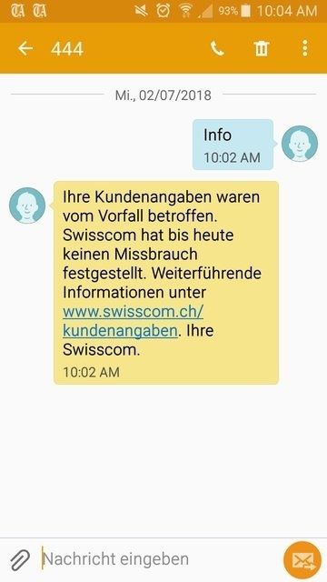 Mobilfunkkunden können eine SMS mit dem Stichwort «Info» an die Nummer 444 senden und damit feststellen, ob ihre Daten betroffen sind...