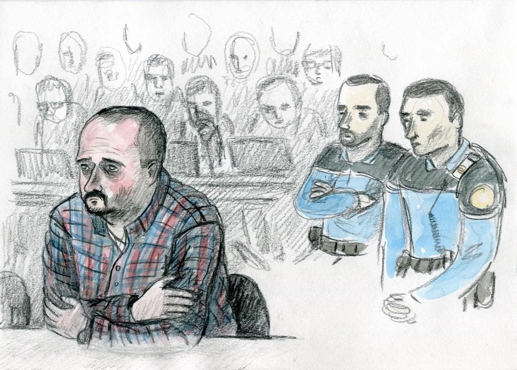 Un dessin montrant Claude D. pendant l’énoncé du verdict lors du procès pour l’assassinat de Marie au Tribunal criminel cantonal d’arrondissement du Nord Vaudois et de la Broye, le 24 mars 2016 à Renens.