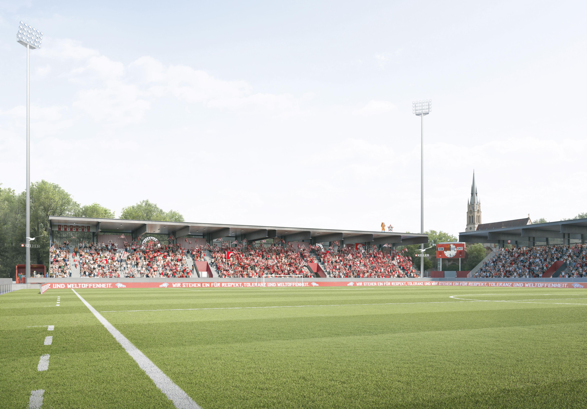 Computervisualisierung einer Fussballstadion-Tribüne mit rot-weiss gekleideten Fans, Flutlichtmasten und einem Kirchturm im Hintergrund.